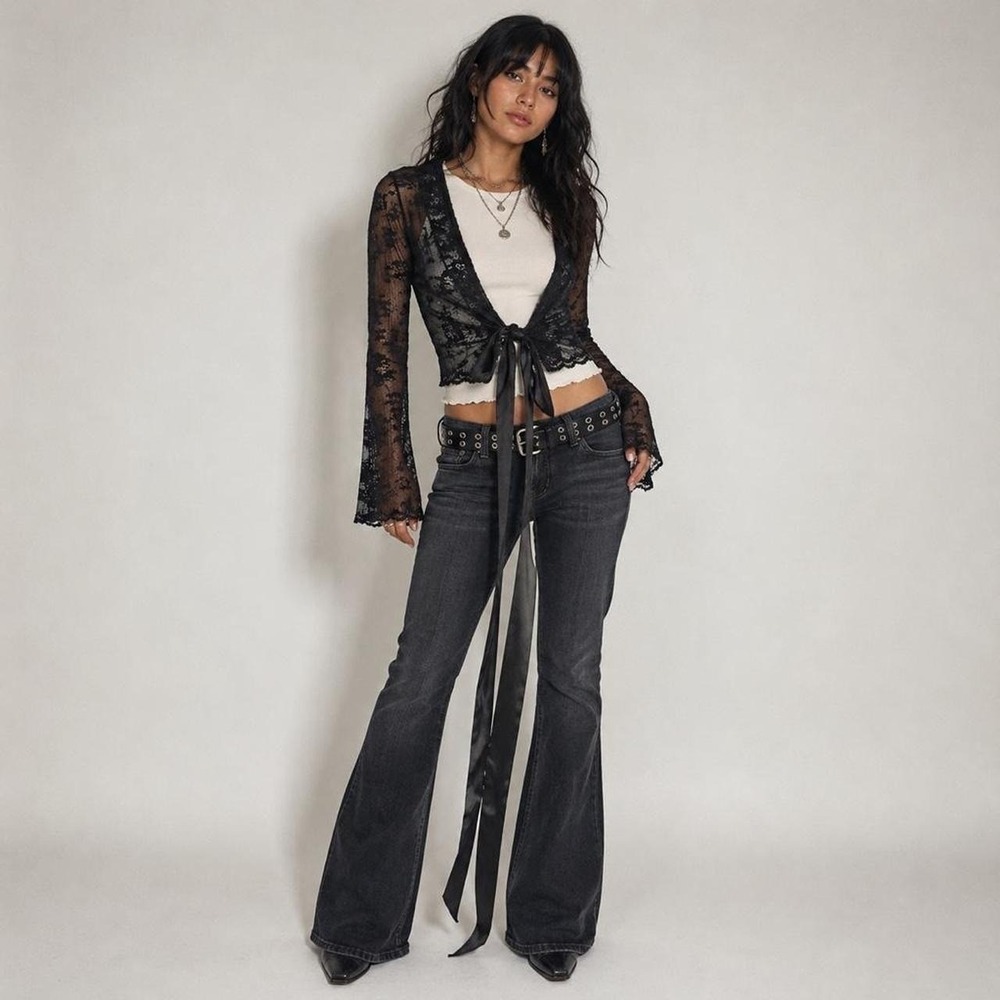 y2k sheer lace tie front cardigan fairy grunge whimsigoth witchy black small